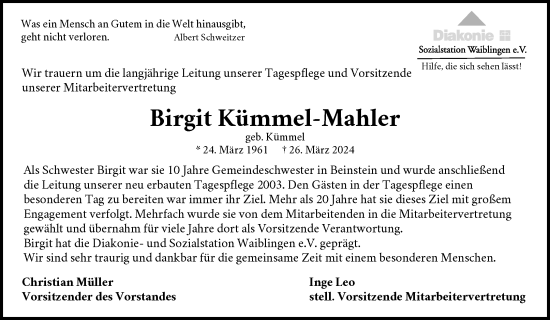 Traueranzeige von Birgit Kümmel-Mahler von Waiblinger Kreiszeitung