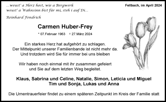 Traueranzeige von Carmen Huber-Frey von Waiblinger Kreiszeitung