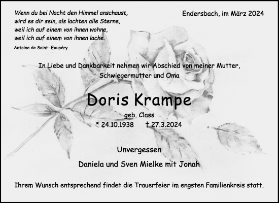 Traueranzeige von Doris Krampe von Waiblinger Kreiszeitung