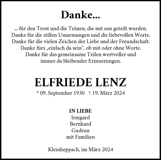 Traueranzeige von Elfriede Lenz von Waiblinger Kreiszeitung