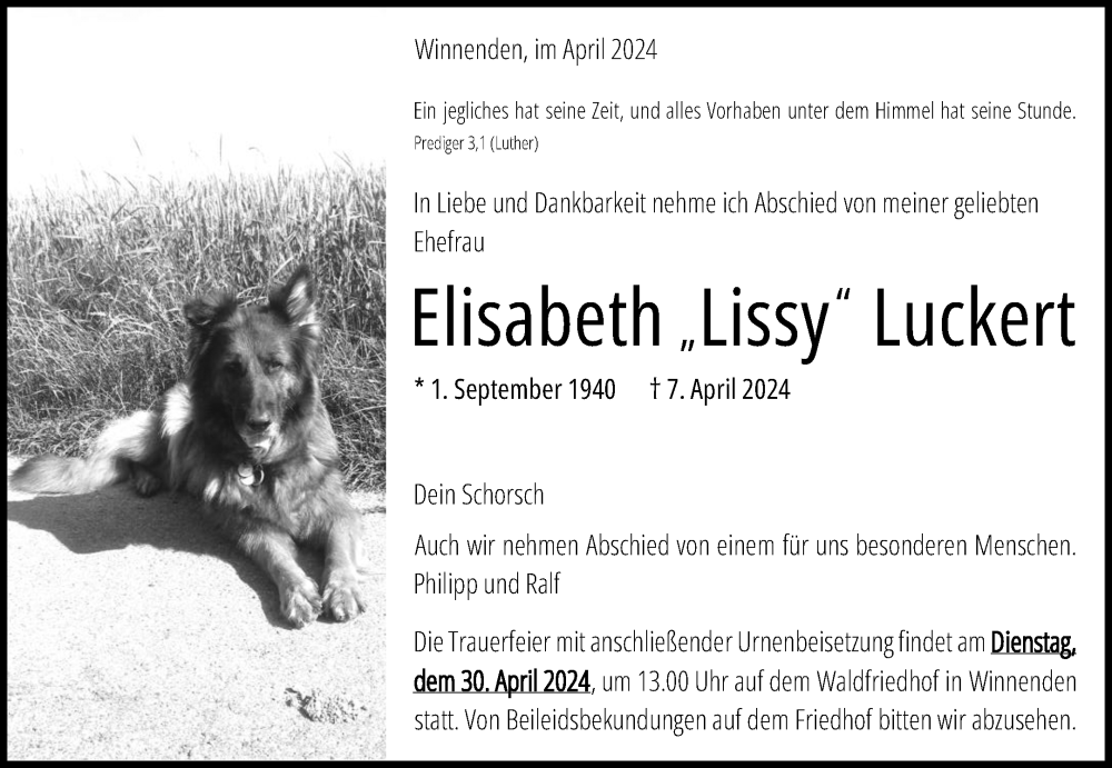  Traueranzeige für Elisabeth  Luckert vom 20.04.2024 aus Waiblinger Kreiszeitung