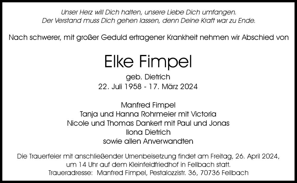  Traueranzeige für Elke Fimpel vom 19.04.2024 aus Waiblinger Kreiszeitung
