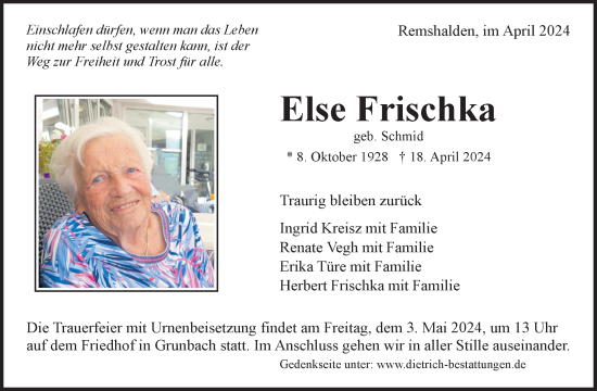 Traueranzeige von Else Frischka von Waiblinger Kreiszeitung