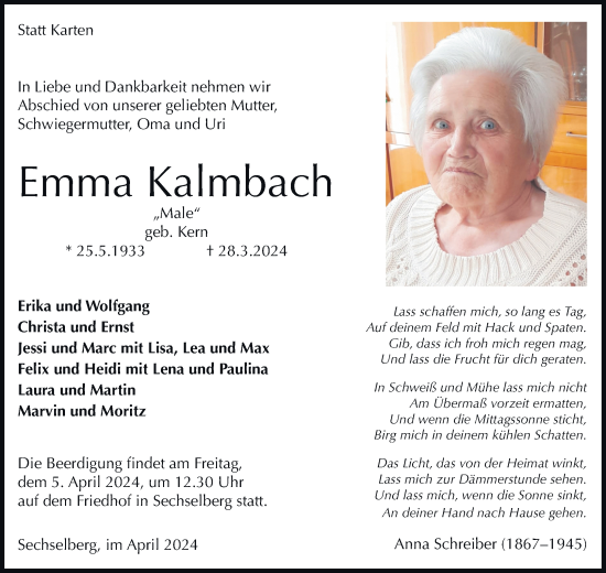 Traueranzeige von Emma Kalmbach von Waiblinger Kreiszeitung