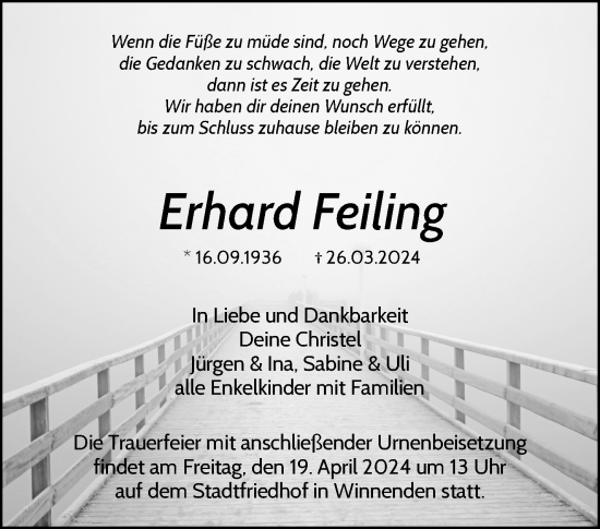 Traueranzeige von Erhard Feiling  von Waiblinger Kreiszeitung
