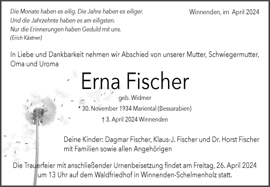 Traueranzeige von Erna Fischer von Waiblinger Kreiszeitung