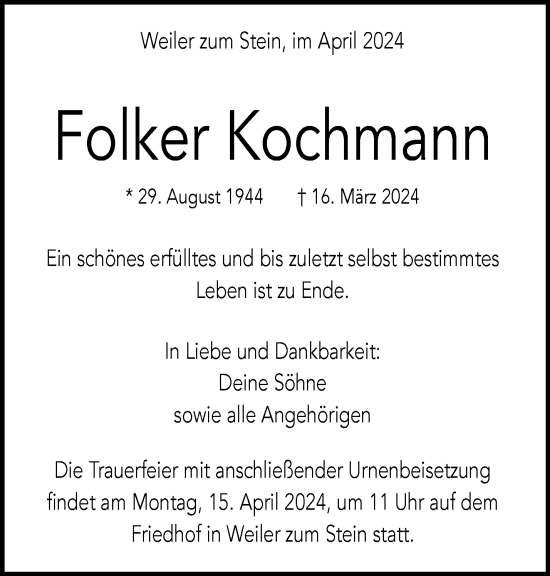 Traueranzeige von Folker Kochmann von Waiblinger Kreiszeitung