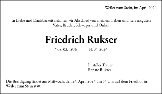 Traueranzeige von Friedrich Rukser von Waiblinger Kreiszeitung