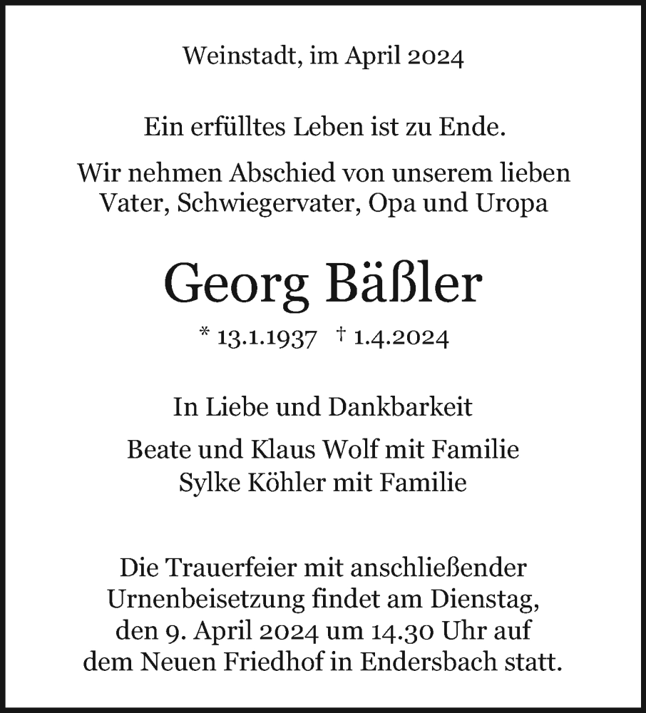 Traueranzeige für Georg Bäßler vom 06.04.2024 aus Waiblinger Kreiszeitung