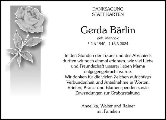 Traueranzeige von Gerda Bärlin von Waiblinger Kreiszeitung