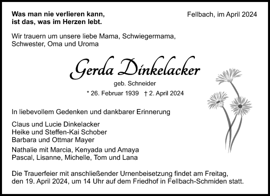 Traueranzeige von Gerda Dinkelacker von Waiblinger Kreiszeitung