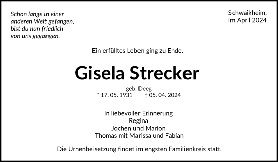 Traueranzeige von Gisela Strecker von Waiblinger Kreiszeitung
