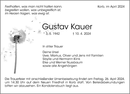 Traueranzeige von Gustav Kauer von Waiblinger Kreiszeitung