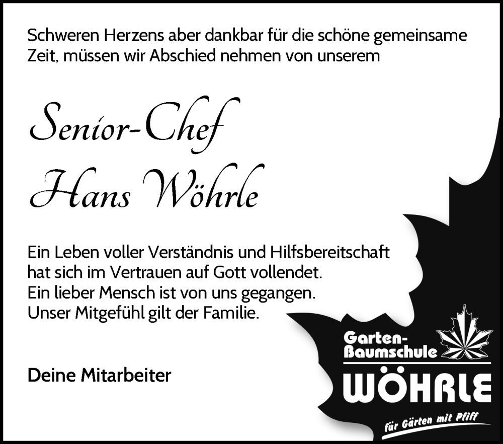  Traueranzeige für Hans Wöhrle vom 24.04.2024 aus Waiblinger Kreiszeitung