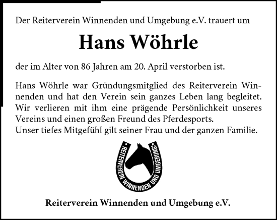 Traueranzeige von Hans Wöhrle von Waiblinger Kreiszeitung