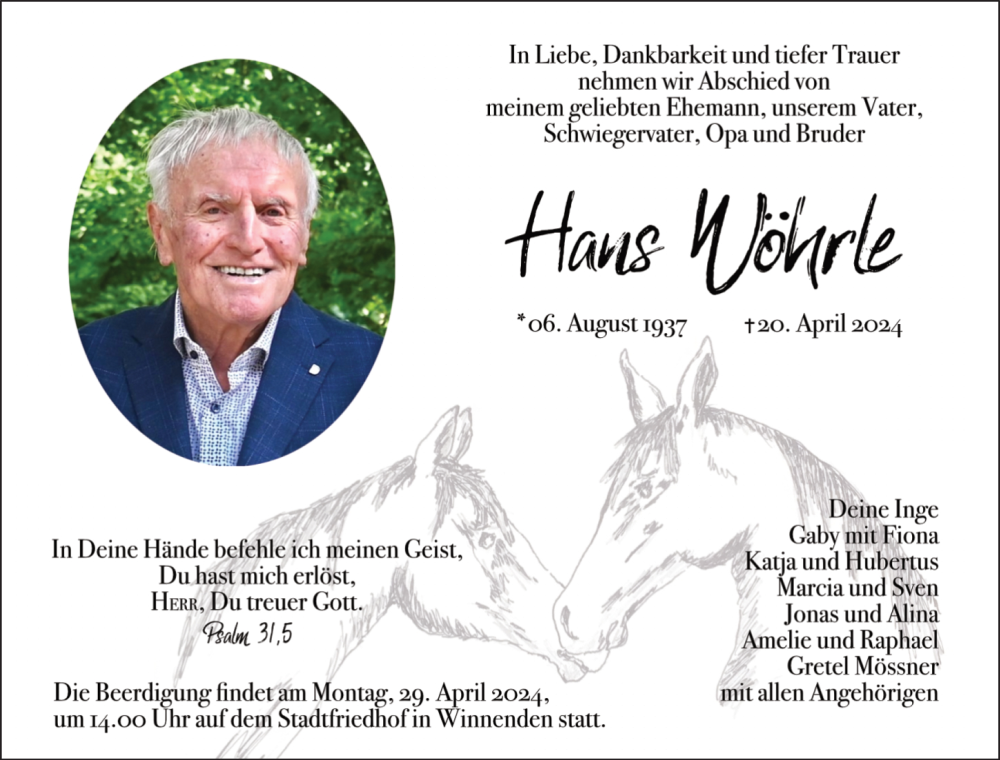 Traueranzeige für Hans Wöhrle vom 24.04.2024 aus Waiblinger Kreiszeitung