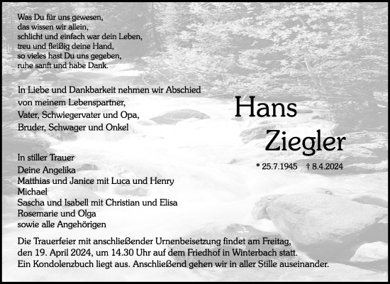 Traueranzeige von Hans Ziegler von Waiblinger Kreiszeitung