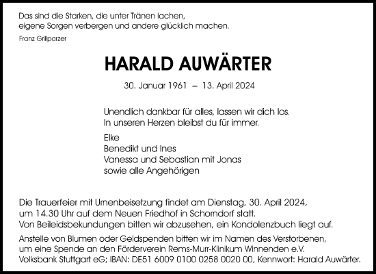 Traueranzeige von Harald Auwärter von Waiblinger Kreiszeitung