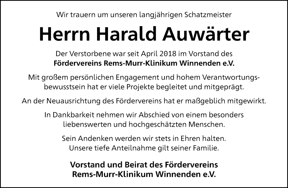  Traueranzeige für Harald Auwärter vom 20.04.2024 aus Waiblinger Kreiszeitung