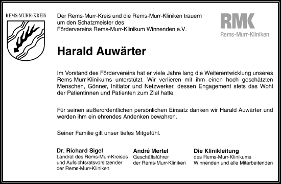 Traueranzeige von Harald Auwärter von Waiblinger Kreiszeitung