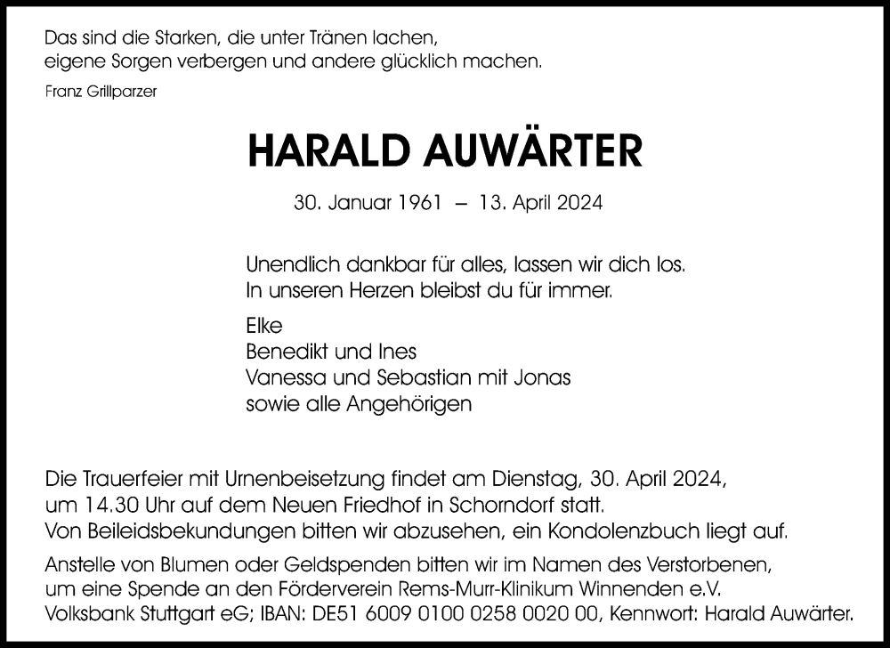  Traueranzeige für Harald Auwärter vom 20.04.2024 aus Waiblinger Kreiszeitung