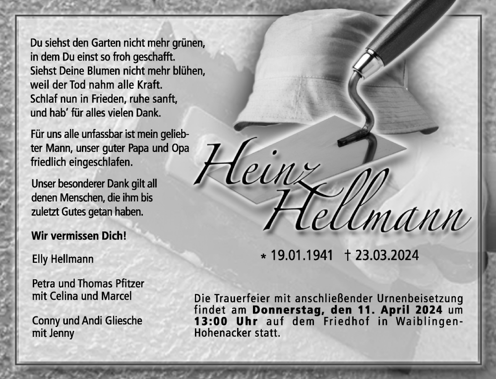  Traueranzeige für Heinz Hellmann vom 06.04.2024 aus Waiblinger Kreiszeitung