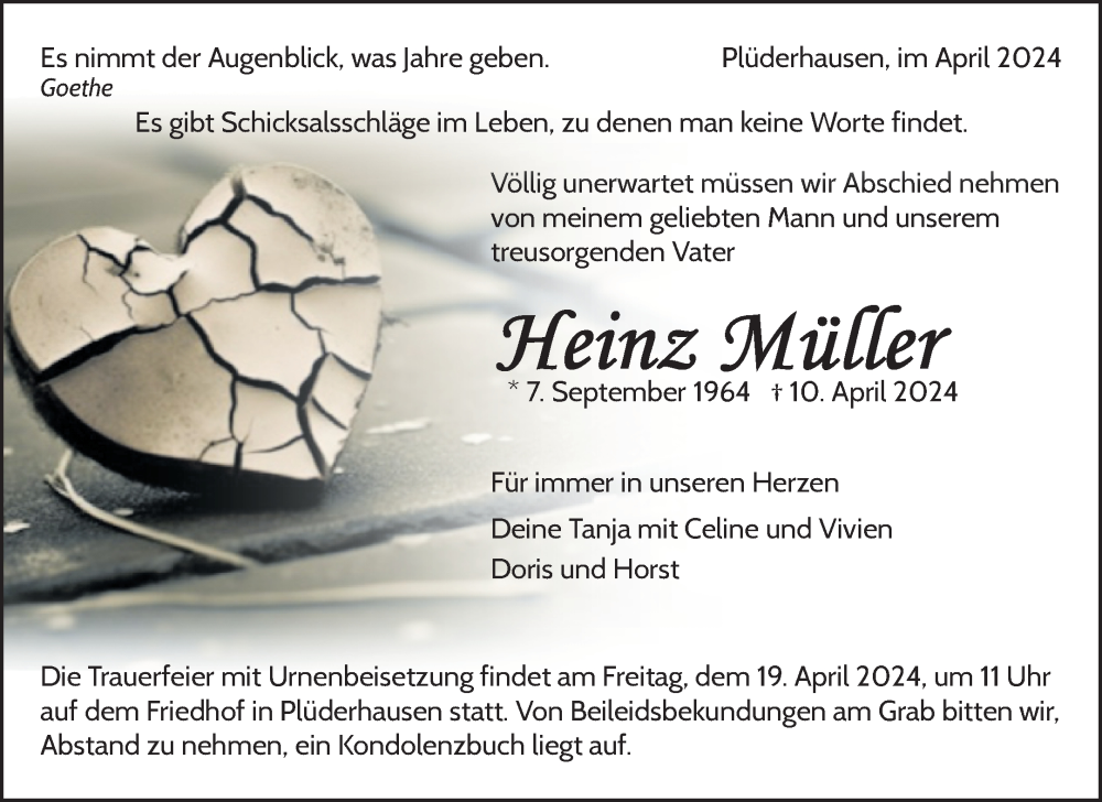  Traueranzeige für Heinz Müller vom 17.04.2024 aus Waiblinger Kreiszeitung