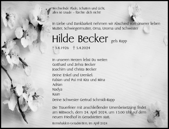 Traueranzeige von Hilde Becker von Waiblinger Kreiszeitung
