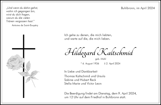 Traueranzeige von Hildegard Kaltschmid von Waiblinger Kreiszeitung
