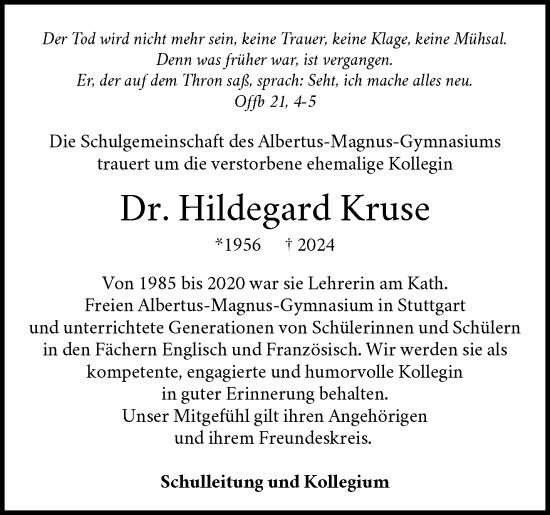Traueranzeige von Hildegard Kruse von Waiblinger Kreiszeitung