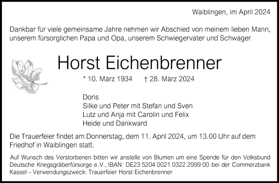Traueranzeige von Horst Eichenbrenner von Waiblinger Kreiszeitung