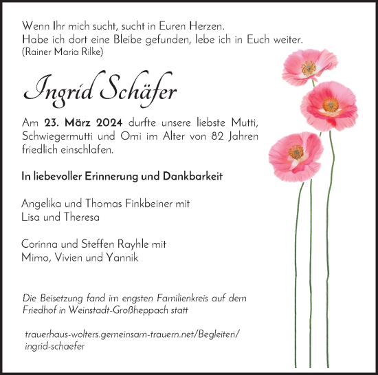 Traueranzeige von Ingrid Schäfer von Waiblinger Kreiszeitung