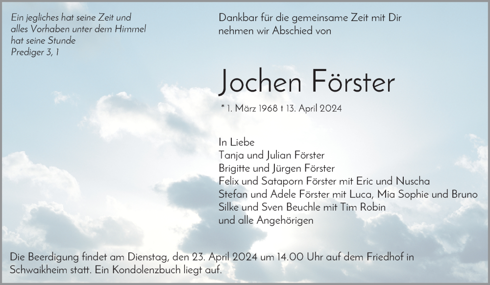  Traueranzeige für Jochen Förster vom 20.04.2024 aus Waiblinger Kreiszeitung