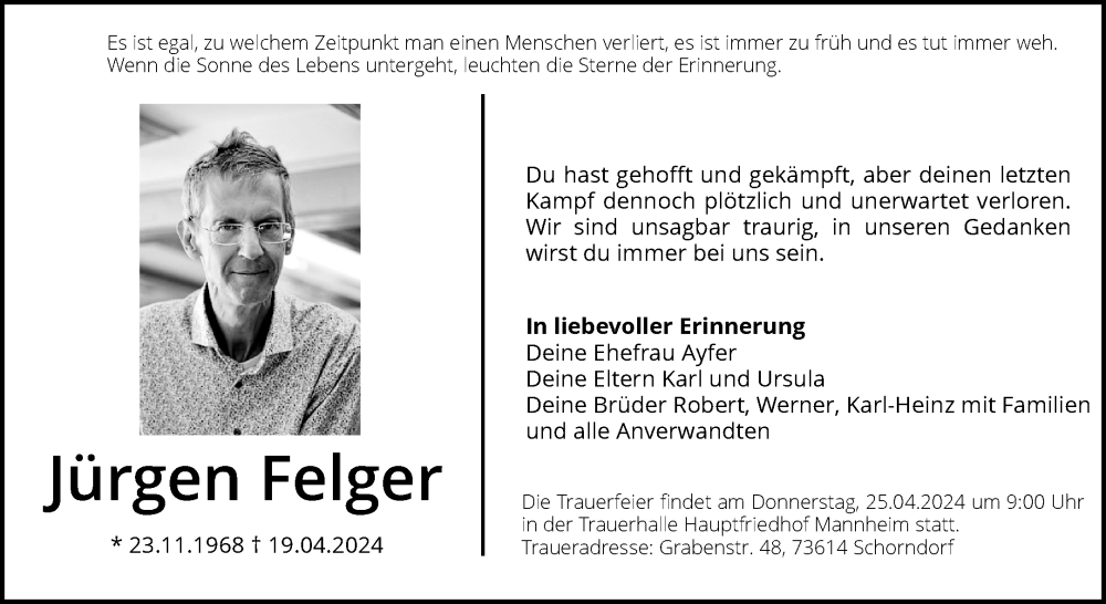  Traueranzeige für Jürgen Felger vom 24.04.2024 aus Waiblinger Kreiszeitung