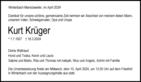 Traueranzeige von Kurt Krüger von Waiblinger Kreiszeitung