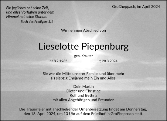 Traueranzeige von Lieselotte Piepenburg von Waiblinger Kreiszeitung