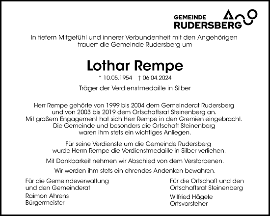 Traueranzeige von Lothar Rempe von Waiblinger Kreiszeitung