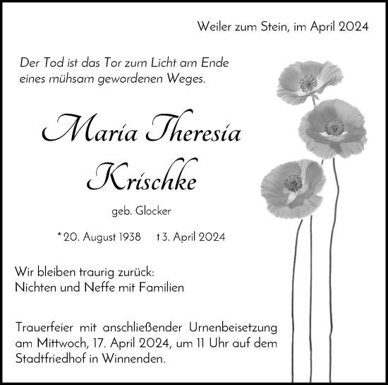Traueranzeige von Maria Theresia Krischke von Waiblinger Kreiszeitung