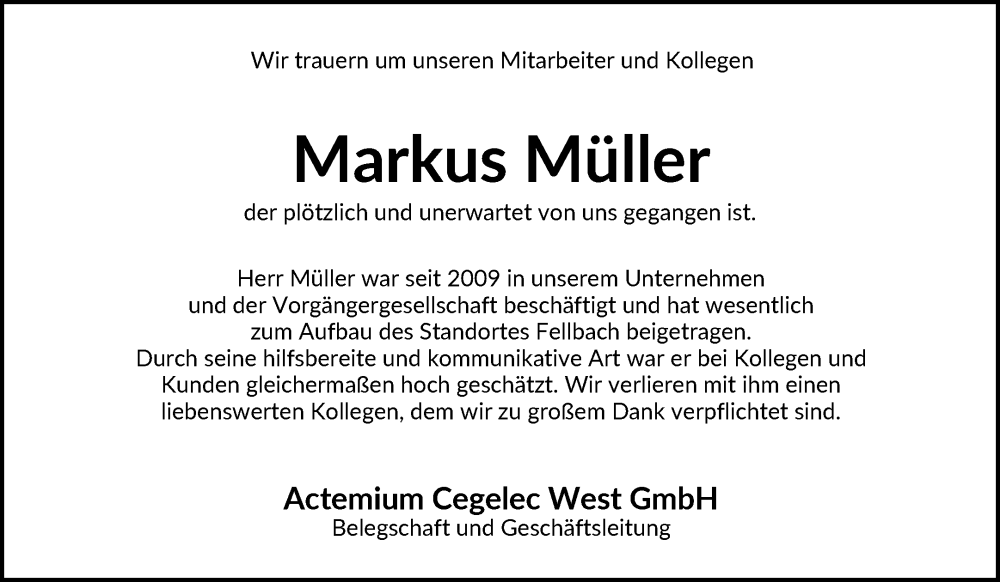  Traueranzeige für Markus Müller vom 23.04.2024 aus Waiblinger Kreiszeitung