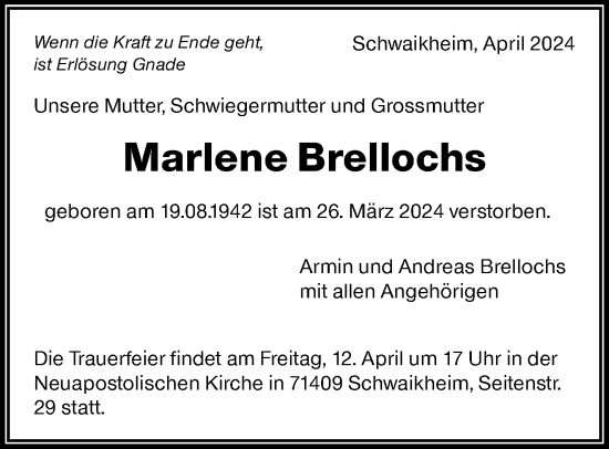 Traueranzeige von Marlene Brellochs von Waiblinger Kreiszeitung
