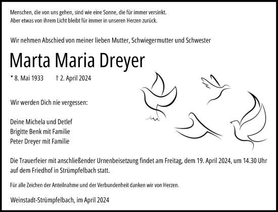 Traueranzeige von Marta Maria Dreyer von Waiblinger Kreiszeitung