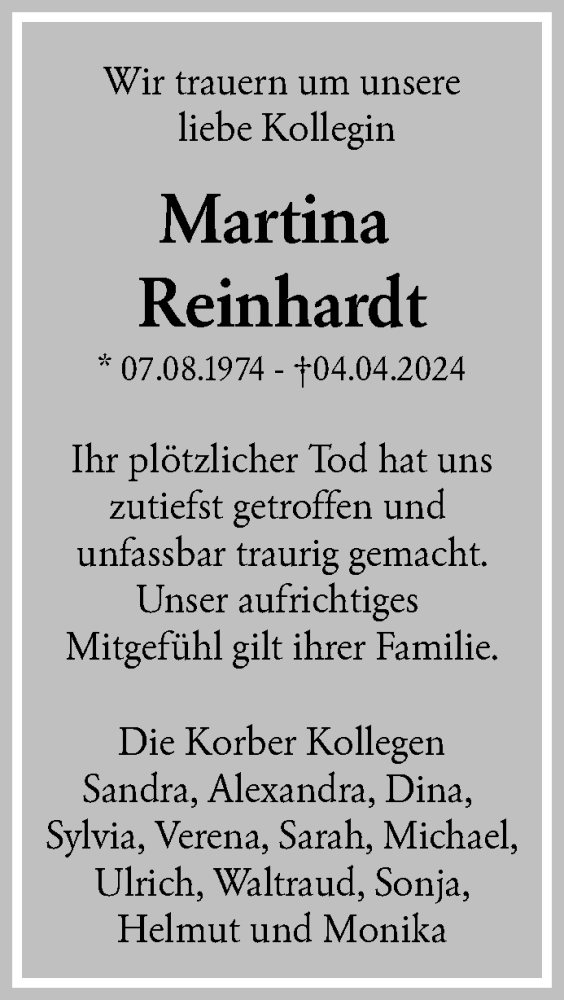  Traueranzeige für Martina Reinhardt vom 13.04.2024 aus Waiblinger Kreiszeitung