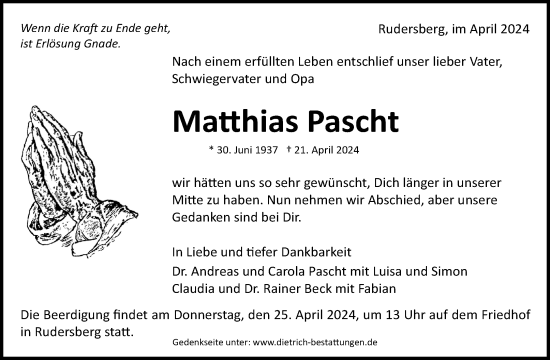Traueranzeige von Matthias Pascht von Waiblinger Kreiszeitung