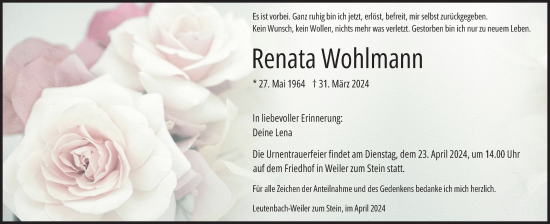 Traueranzeige von Renata Wohlmann von Waiblinger Kreiszeitung