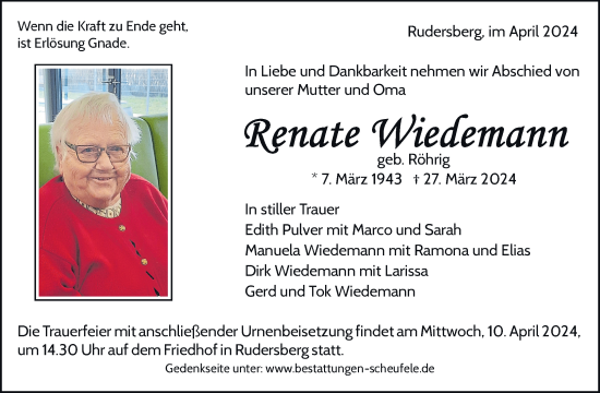 Traueranzeige von Renate Wiedemann von Waiblinger Kreiszeitung