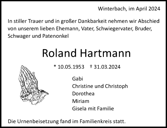 Traueranzeige von Roland Hartmann von Waiblinger Kreiszeitung
