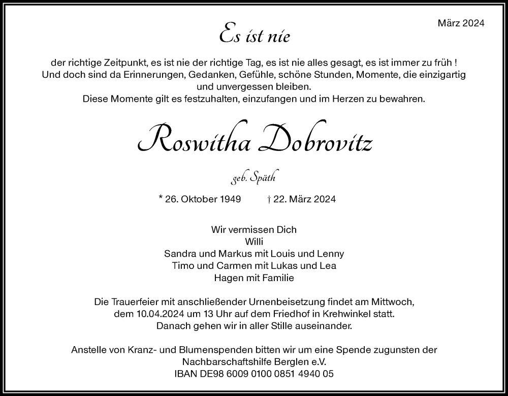  Traueranzeige für Roswitha Dobrovitz vom 03.04.2024 aus Waiblinger Kreiszeitung