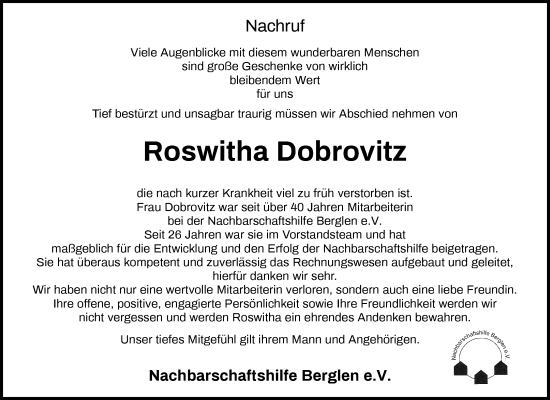 Traueranzeige von Roswitha Dobrovitz von Waiblinger Kreiszeitung