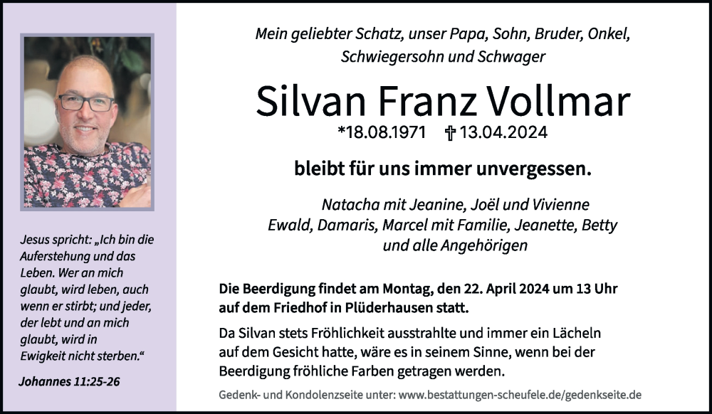  Traueranzeige für Silvan Franz Vollmar vom 18.04.2024 aus Waiblinger Kreiszeitung
