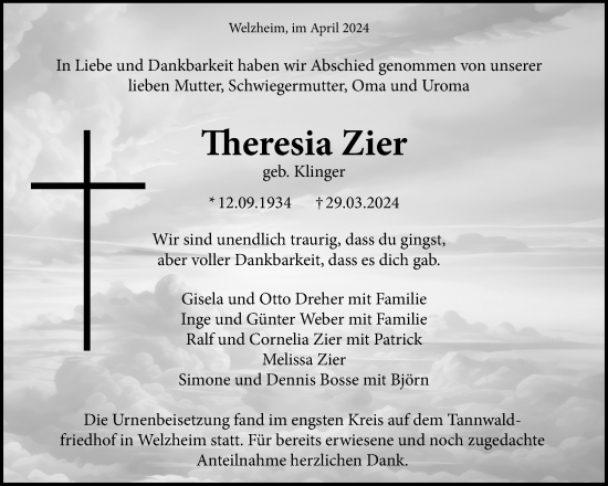 Traueranzeige von Theresia Zier von Waiblinger Kreiszeitung